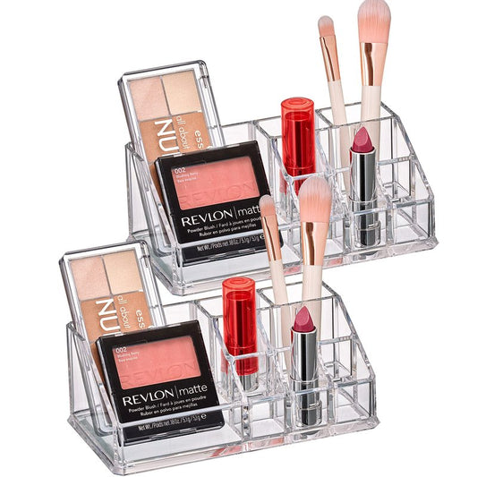 Amazing Abby - Tiffany - 2-Pack Acrylic Cosmetic Organizer, Transparent Plastic Makeup Holder, Compartmented, Shatter-Proof, Perfect Bathroom Vanity Storage Solution for Beauty Supply, Small