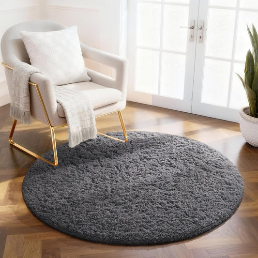 Ophanie Round Rug - 2Ft Grey Circle Area Rug | Plush Soft Shaggy Carpet for Kids' Room Decor