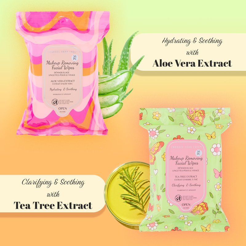 120pc Makeup Removal Wipes Variety Set | 4-Pack Groovy Botanical Makeup Remover Facial Cleansing Towelettes with Charcoal, Tea Tree, Cucumber, & Aloe Vera