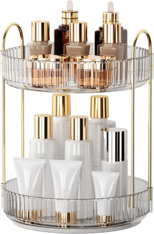 YCIA&DONE 360 Rotating Makeup Organizer - High Capacity Cosmetic & Skincare Storage | Clear White, 2 Tiers