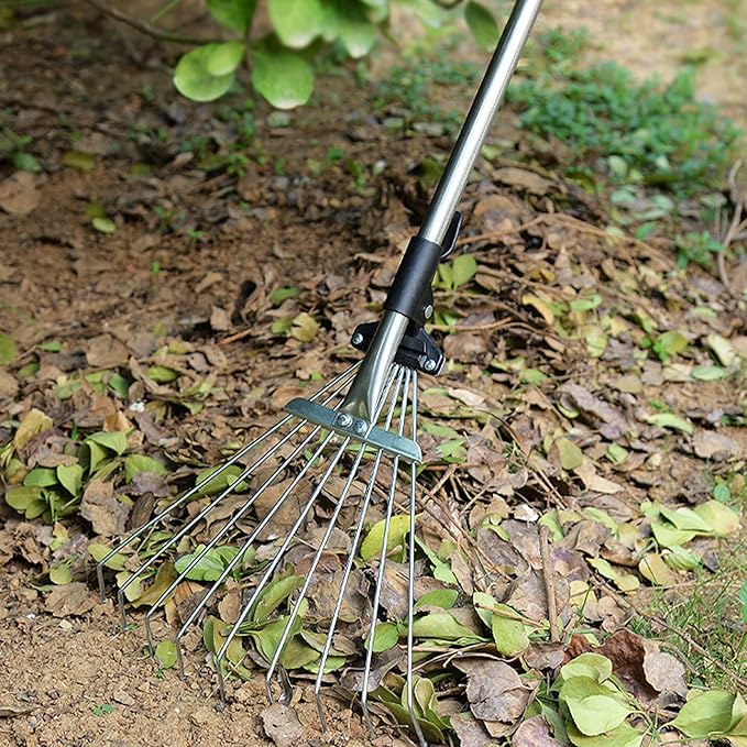 Adjustable Collapsible Garden Leaf Rake Aluminum Alloy Lawn Yard Rake for Leaf Cleaning Flower Bed and Outdoor Gardening (9 Teeth 55â73.5cm Length 11â31cm Width)