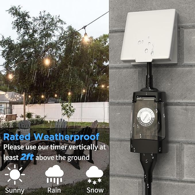 G-ELEK Outdoor Timer Outlet Waterproof, 24 Hour Outdoor Light Timer, Timers for Electrical Outlets, Ideal for Pool Pump, Christmas Lights, Heavy Duty, 1 Grounded, CSA Listed, 2 Pack