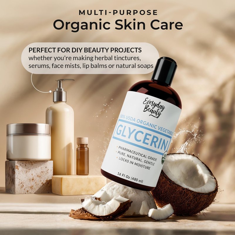100% Organic Glycerin – USDA Certified - Perfect for DIY Beauty Products, Crafts, and Formulations – Derived From Coconut – Skin and Hair Moisturizer for Deep Hydration – 16 Fl Oz – By Everyday Beauty