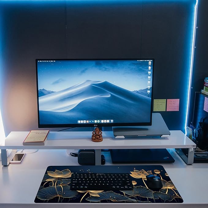 KOAIWPAE Desk Pad,Luxury Golden Lotus Line Arts Desk Mat,Dark Blue Background Large Gaming Mouse Pad for Desk,31.5"x15.7" Extended Big Computer Keyboard Mouse Pad with Non-Slip Base and Stitched Edge