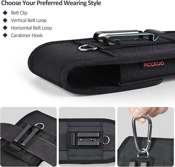 ACCKUO Phone Holster for Belt with Metal Clip and Magnetic Closure Compatible with iPhone 17/16/15/14/13/12 Pro and Non-Pro, Galaxy S26 S25 S24 S23 S22 for Everyday Protection, M-Black