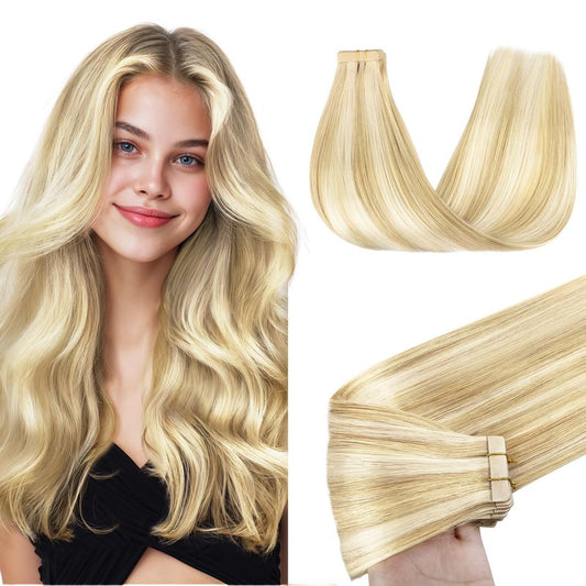 GOO GOO Tape in Hair Extensions Human Hair, 18D/22F Dirty Blonde Highlights, 18inch 50g 20pcs, Skin Weft Seamless Invisible, Silky Straight with Thick Ends, Remy Human Hair