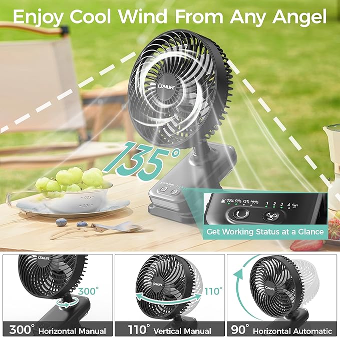 10000mAh Clip On Fan, 42H Run, Quiet & Auto Oscillating Table Fan, Rechargeable with 4 Powerful Speeds, Battery Operated Desk Fan with Sturdy Clamp for Camping Outdoor Travel RV Home Bedroom Office
