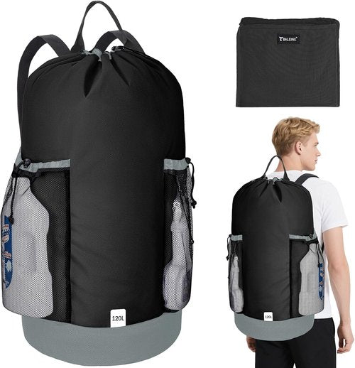 BALEINE 120L Laundry Bag Backpack - Durable 900D Oxford Fabric with Shoulder Straps & Mesh Pockets | Black