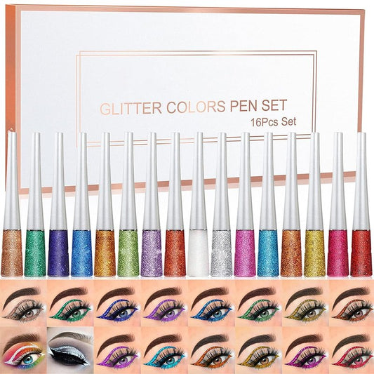 16PCS Liquid Glitter Eyeliner Set - High Pigmented Waterproof Metallic Eye Liner Kit | 16 Vibrant Colors