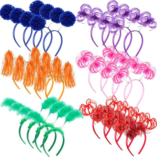 Censen 24 Pcs Pom Pom Headband Tinsel Wrapped Ponytail Head Bopper Costume Headwear Carnival Easter Party Accessory(Multicolored)