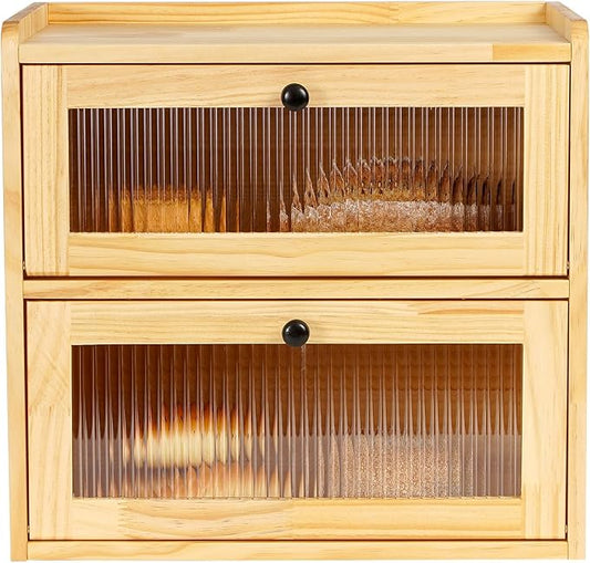 Sunhoo Bread Box for Kitchen Countertop Wooden Bread Storage Container Bin 2 Layer Breadbox Holder Large Capacity Keeper Vintage Farmhouse Food Organizer Pantry Shelf Acrylic Windowï¼Wood colorï¼