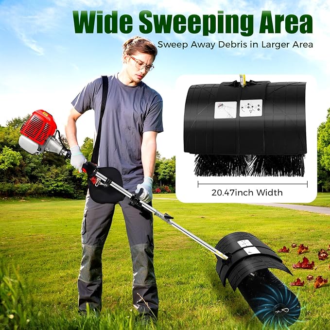 52CC Gas Power Lawns Sweeper, 2.3HP 2-Stroke Air Cooled Gasoline Sweeping Broom Machine, Lawn Cleaning Tools with Carrying Strap for Artificial Lawns Streets and Driveways