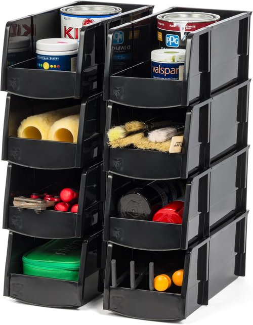 IRIS USA Large Stackable Storage Bins - 8-Pack Open Front Shelf Organizers | 13"L x 6"W x 5"H | Black