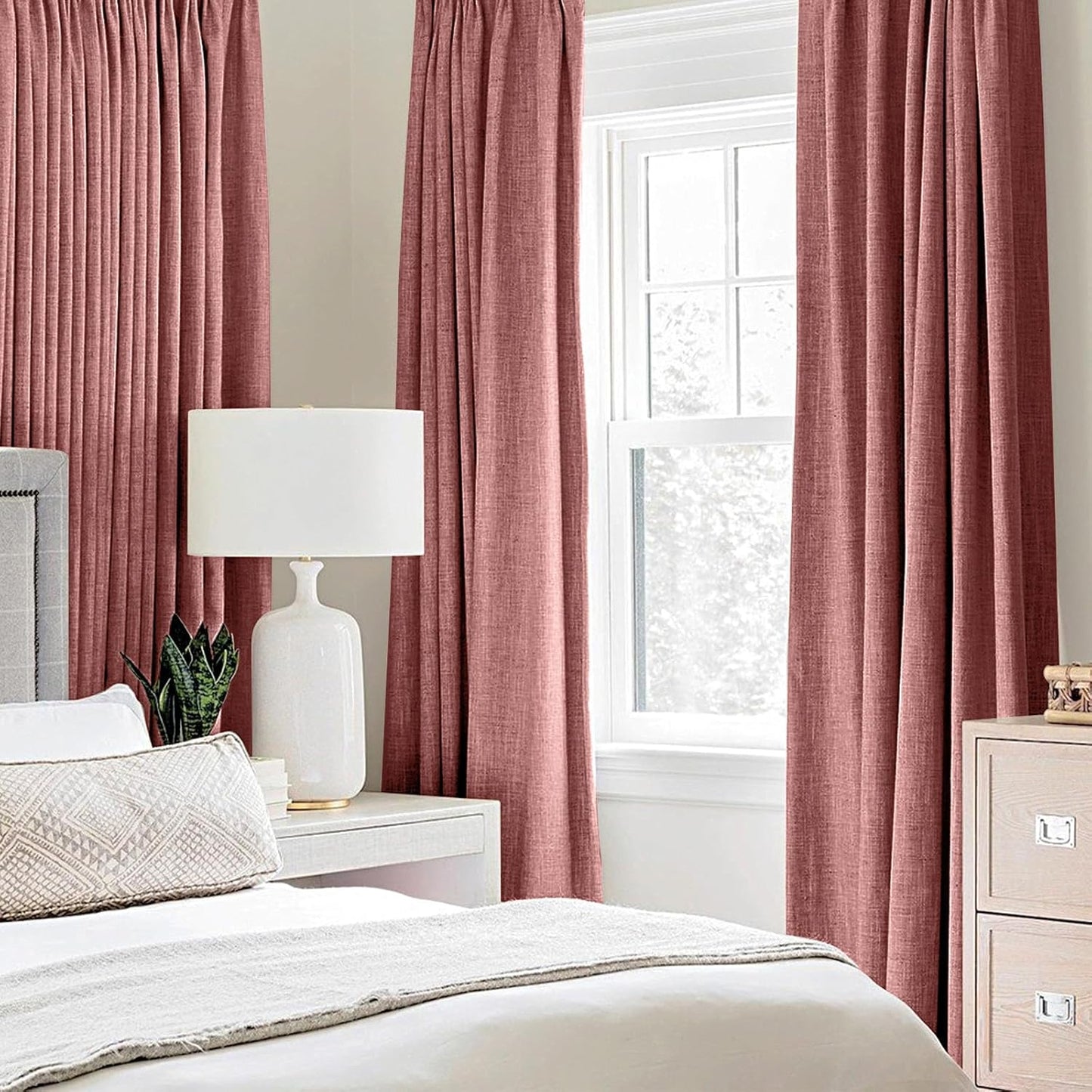 MIULEE Blackout Linen Textured Curtains - Thermal Insulated Dusty Rose Drapes | Luxury Room Darkening 52 x 63 Inch (2 Panels)