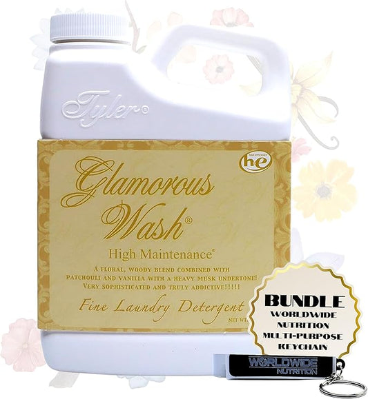 Worldwide Nutrition Bundle Compatible with Tyler Candle Company Glamorous Wash High Maintenance Scent Fine Laundry Liquid Detergent - Hand and Machine Washable - 16 oz, 454-gram Container w/Keychain