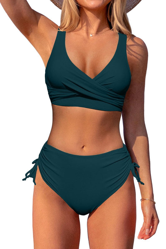 Beachsissi Women's High Waist Bikini Twist Front Tie Back 2 Piece Swimsuits, Teal, M