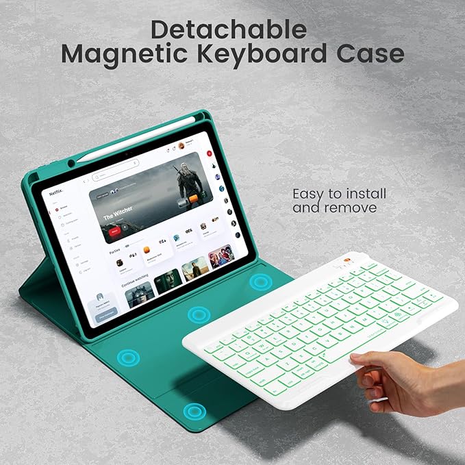 OPAKIT Keyboard Case for iPad Air 5th/4th Pro 11 inch, 7-Color Backlit Detachable Wireless Keyboard Case with Pencil Holder, Stand Folio Cover for Gen 2020/2022, Pro 4th/3rd/2nd/1st Gen, Teal