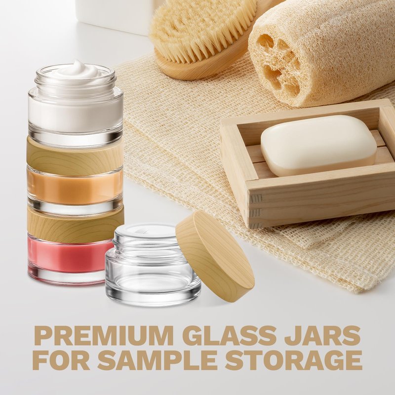 Bumobum 48 Pcs 5 Grams Glass Cosmetic Jars with Plastic Wood-Grain Lids, 5 ml Lip Balm Containers Empty Tiny Sample Jars for Lip Scrub Makeup Eye Cream Travel
