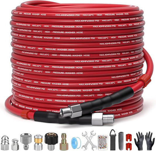 Sewer Jetter Kit for Pressure Washer â 100ft Pressure Washer Drain Jetter Hose 5800PSI 1/4 Inch NPT Corner with Sewer Cleaning Tool High Pressure Nozzles and Spanner Waterproof Tape