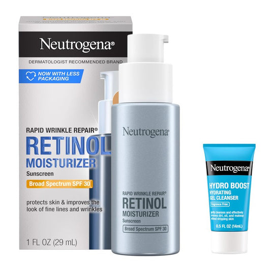 Neutrogena Rapid Wrinkle Repair Retinol Face Moisturizer with SPF 30, Daily Anti-Aging Face Cream, Retinol & Hyaluronic Acid & Trial Size Hydro Boost Facial Cleanser, 0.5 fl. oz