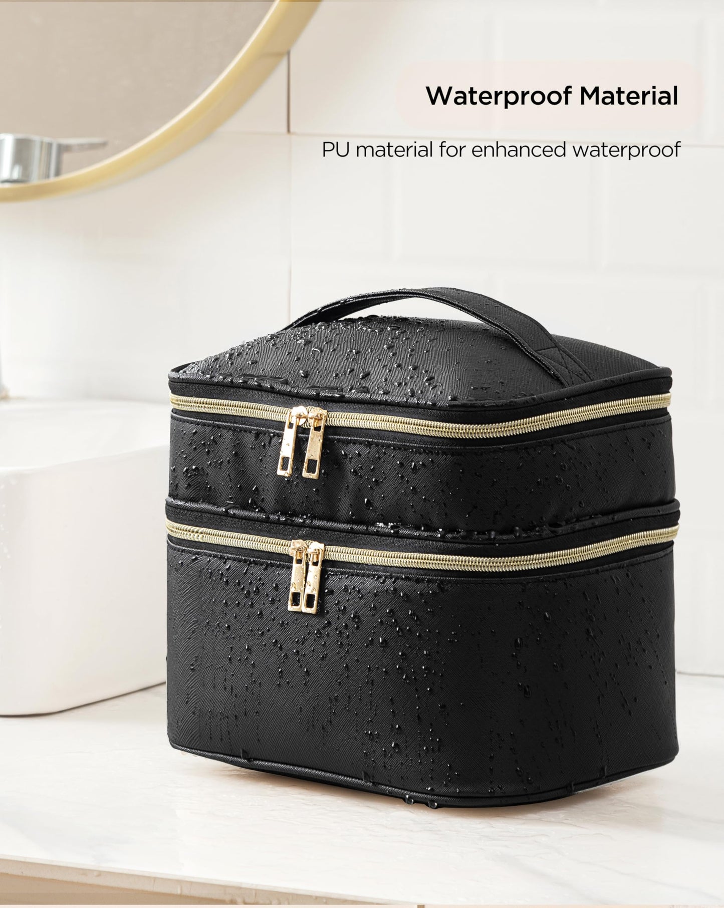 HBlife Extra Large Double Layer Travel Makeup Bag Portable Leather Cosmetic Bag Make Up Bag Makeup Case Organizer Toiletry Bag for Women Girls with Handle, Removable Divider and Shoulder Strap (Black)