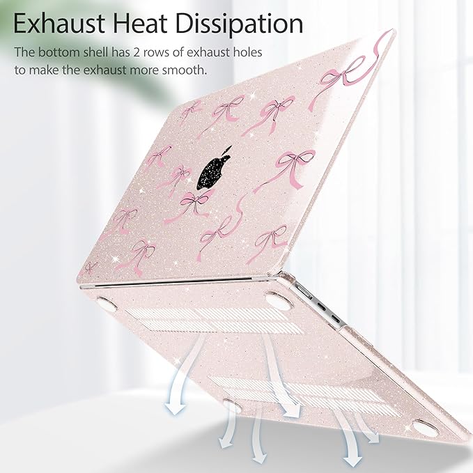 May Chen Case for MacBook Air 13/13.6 inch M5 A3449 M4 A3240 M3 A3113 M2 A2681, 2026 2025 2024-2022, Plastic Hard Shell with Keyboard Cover & Screec Protector, Sakura Pink Glitter Bow