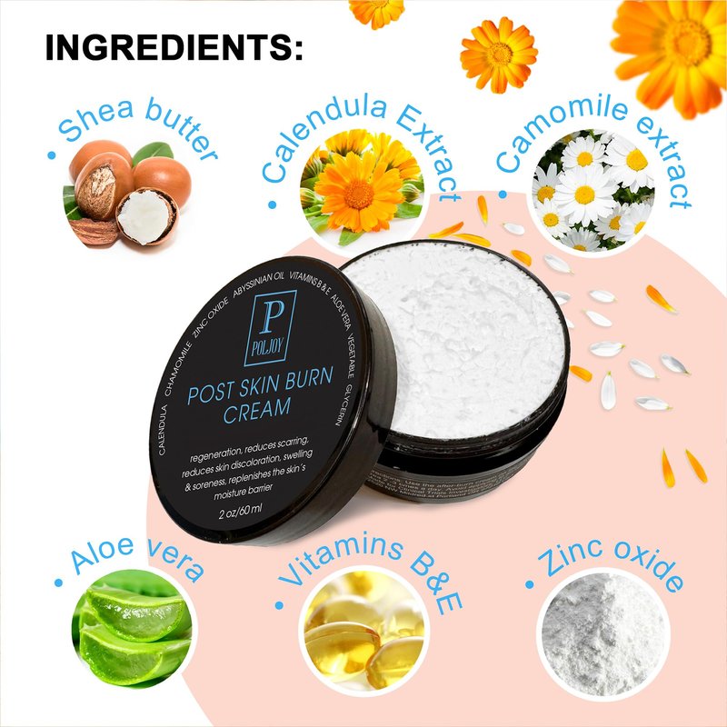 PolJoy Post Skin Burn Cream, Sunburn Cream for First Aid Treatment, Hydrates & Repairs Skin with Aloe Vera, Shea Butter, Zinc Oxide, Calendula, Coconut Oil & Vitamins B&E, Kitchen & Travel Use