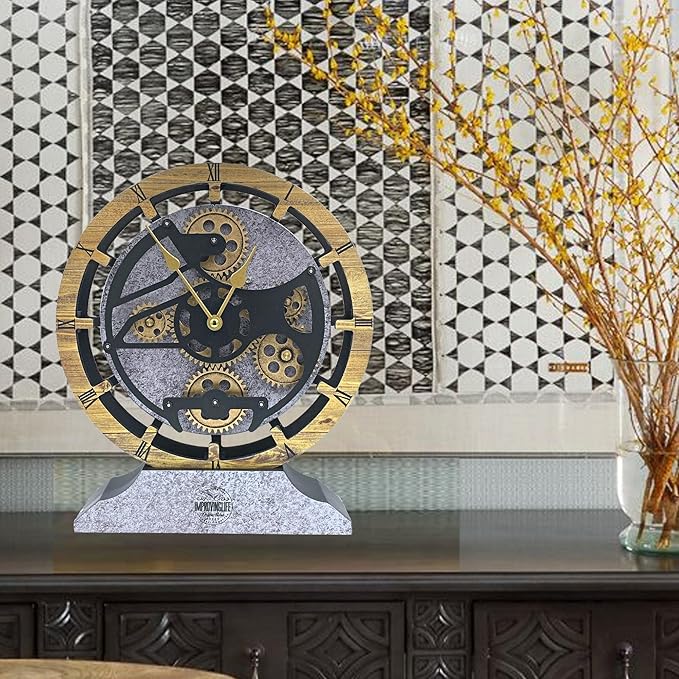 ImprovingLife Desk Clock 10 inches with Real Moving Gears Convertible into Wall Clock (Brown and Grey)