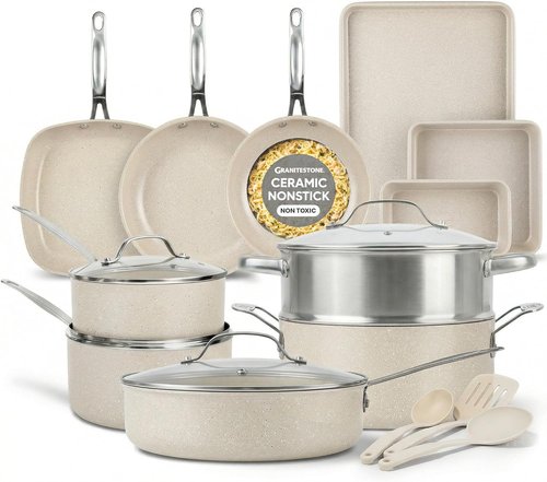 Granitestone Ceraluxe 20-Piece Nonstick Ceramic Cookware Set - Complete Kitchen Essentials, Non-Toxic & Dishwasher Safe