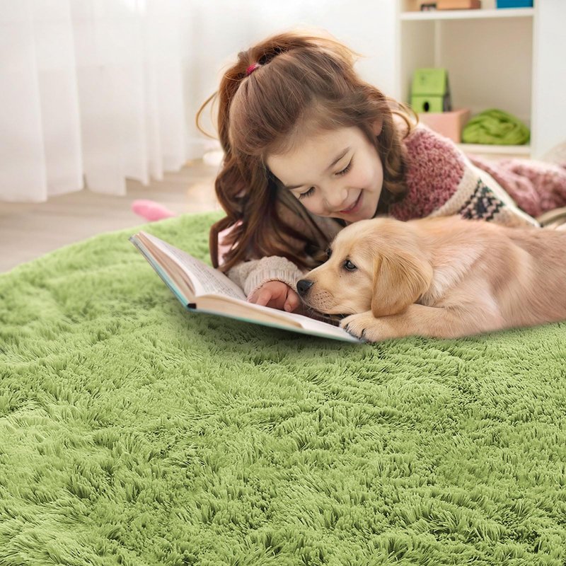 OLANLY Grass Green Round Rugs for Bedroom - Machine Washable, 4 ft Circle Area Rugs for Living Room, Soft and Fluffy Shaggy Carpet for Teen Girls and Boys, Nursery Rooms, Dorms, Home Decor Aesthetic