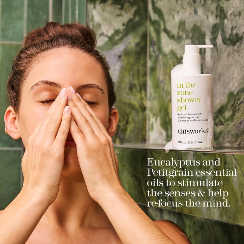 THISWORKS In The Zone Shower Gel | Refreshing Body Wash with Eucalyptus & Frankincense | Cleanses, Soothes, and Revitalizes Skin | Aromatherapeutic Formula, 10.1 oz / 300ml