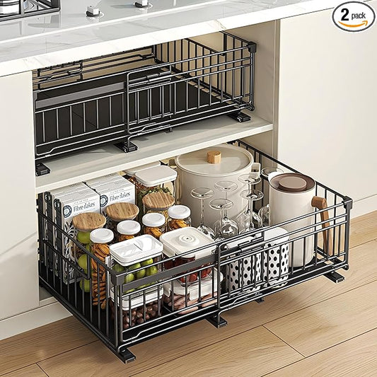NETEL 2 Pack Expandable Pull Out Cabinet Organizer, Raised 6.69" guardrail, Adjustable Width 13"-20.07", 3 Rails No Drill Adhesive Peel And Stick, Adhesive Pull Out Drawers for Cabinets, Black