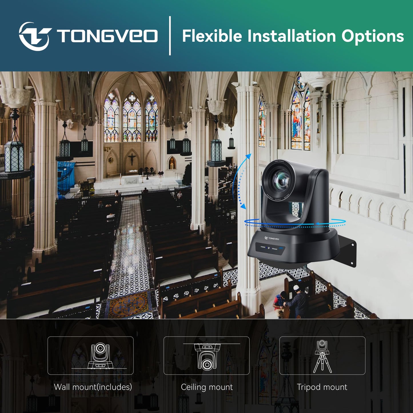TONGVEO Wireless AI PTZ 20X Zoom Camera with Auto-Tracking: Built-in 5.8GHz Receiver for Cable-Free Setup, 1080P 60fps Conference Camera for Church Services, Online Classes & Hybrid Meetings