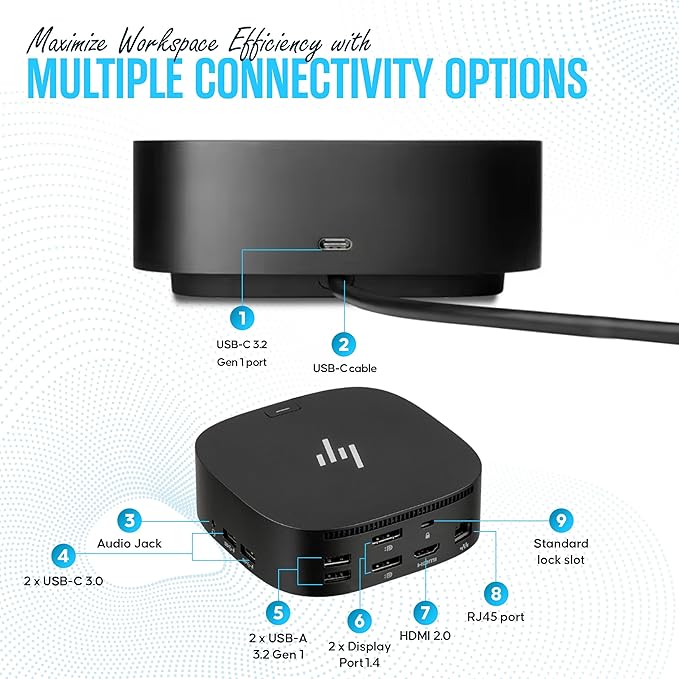 HP Docking Station for Laptop Dual Monitor and Charging - 5TW10AA / 5TW10UT / 5TW10AA#ABB USB-C G5 Dock with 120W AC Adap TER + HDMI Cable + DisplayPort Cable + Cleaning Cloth (Renewed)
