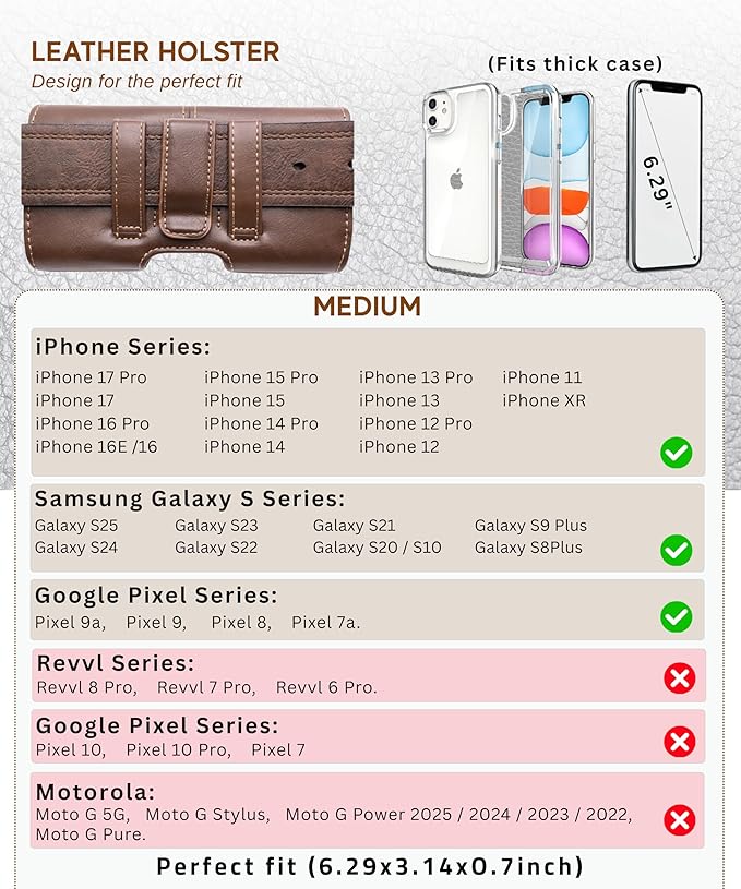 Wireless City Leather Phone Holster for iPhone 17/17 Pro 16/16 Pro/16e 15/15 Pro 14/14 Pro 13/13 Pro 12/12 Pro 11 XR Horizontal Belt Clip & Loop Phone Pouch Magnetic Closure Phone Holder for Men Brown