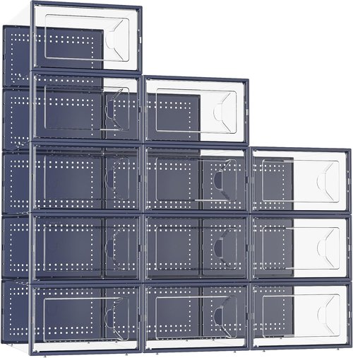 Kuject Shoe Storage Box - Large Crystal Clear Stackable Organizer | Space-Saving 12-Pack in Blue