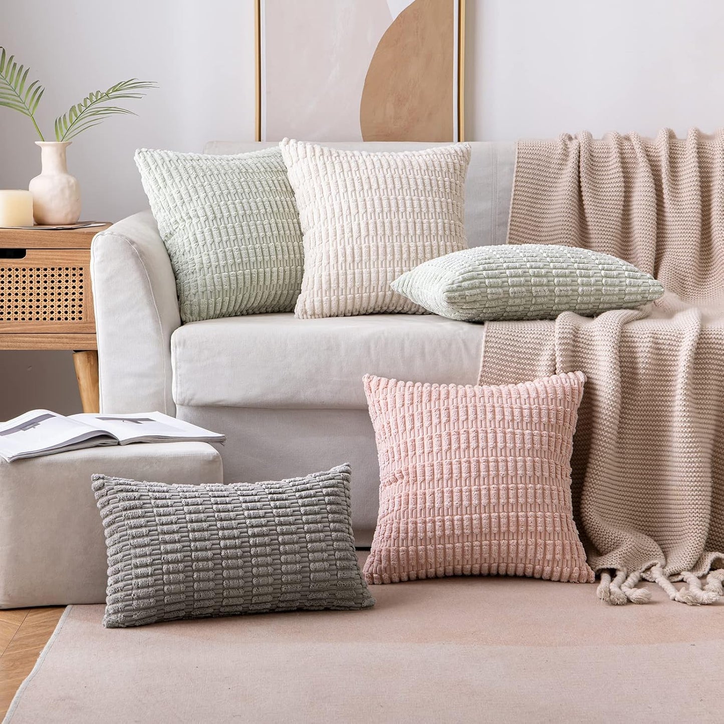 MIULEE Corduroy Throw Pillow Covers - Soft Boho Striped Design | 12x12 Inch Cream White Decor for Sofa & Couch