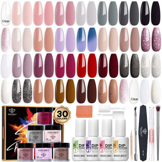 Modelones Dip Powder Nail Kit - 42 Pcs with 30 Colors of Nude Pink Dipping Powder | Essential Liquid Set for DIY Nail Art