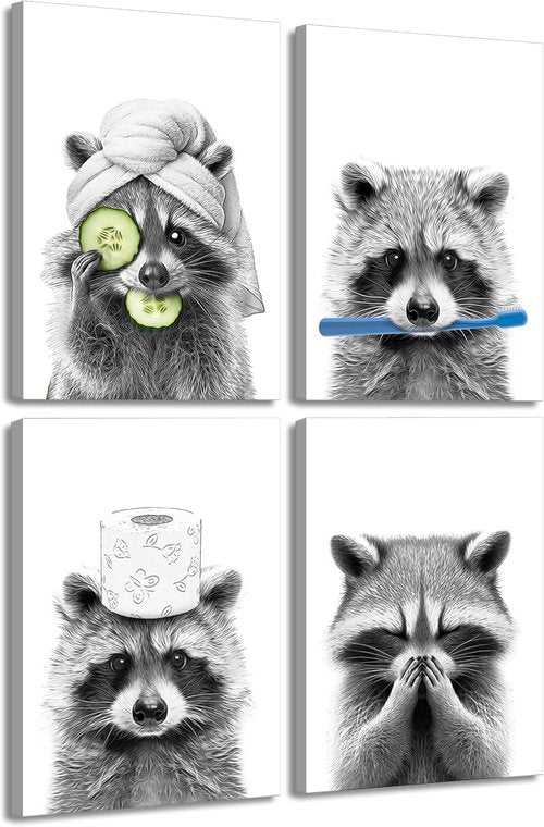 Danseed 4pcs Raccoon Bathroom Canvas Wall Art - Modern Black & White Animal Decor for Washroom