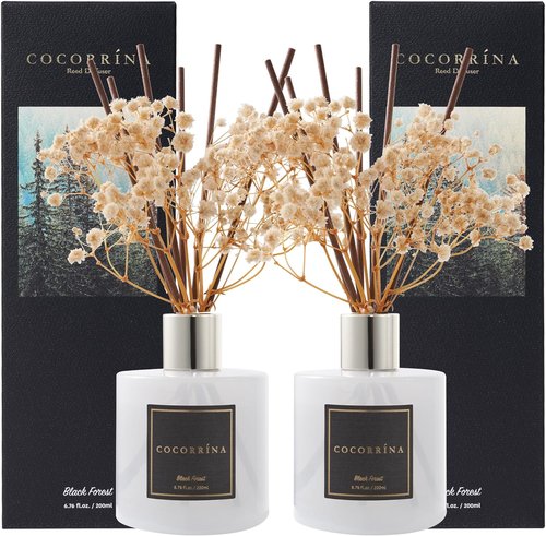 Cocorrína Premium Reed Diffuser Set - Black Forest Scent with Preserved Baby's Breath | 6.7oz, 2 Packs for Home Décor