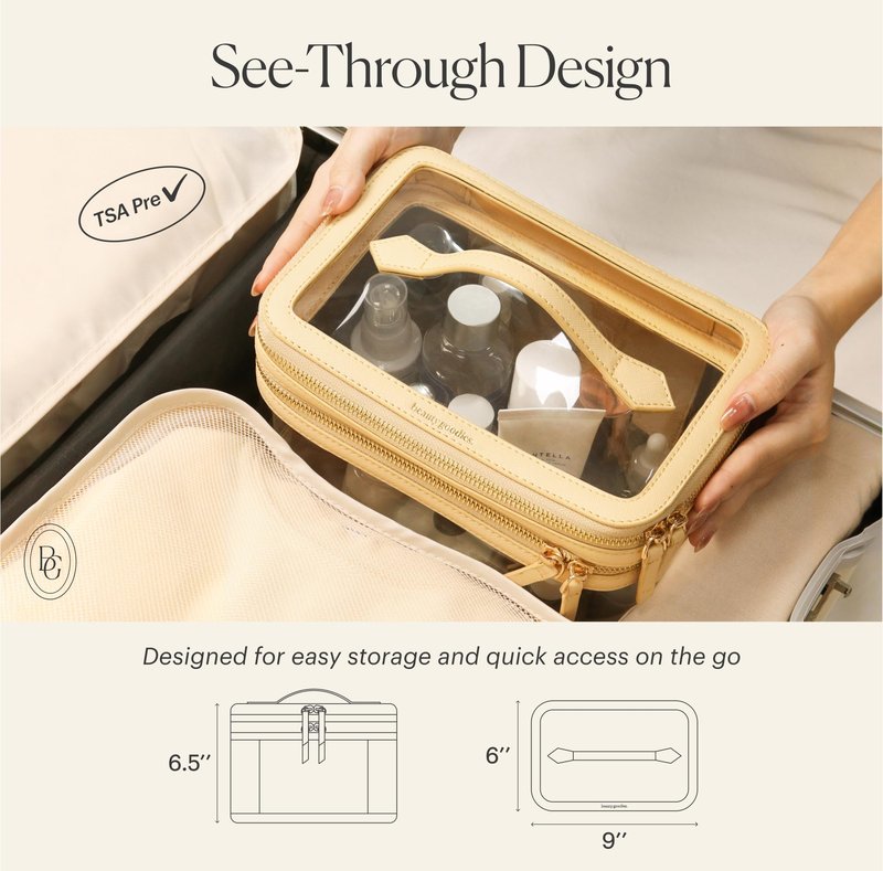 Clear Travel Makeup Bag for Women Organizer with Handle Beige, Extra Large Transparent Makeup Bag Toiletry Organizer with Zipper, Clear Cosmetic Travel Bags for Women Skincare Organizer for Traveling