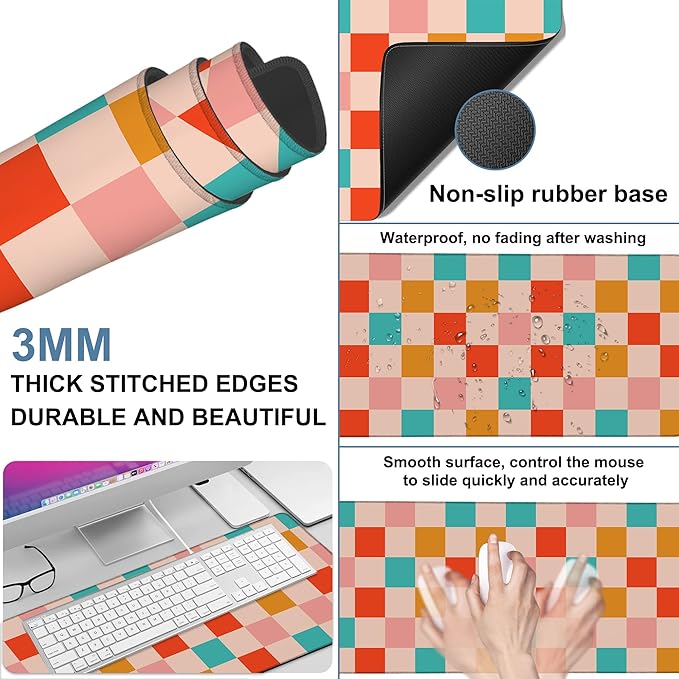 NITAHHHY Large Mouse Pad Retro Checkerboard Gaming Desk Pad Computer Keyboard Non-slip Waterproof Mouse Mat with Rubber Base and Stitched Edges Entertainment Office Writing Desk Mat 35.4 x 15.7 Inches