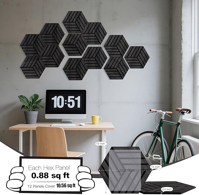 Mollywell Acoustic Panels, PVC Wood-Grain, 14x12 Inch Hexagon Carved Sound Proof Wall Tiles, Self-Adhesive High Density Felt for Home Theater/Studio/Office Echo Reduction, 12 Pack Black Oak, TH4