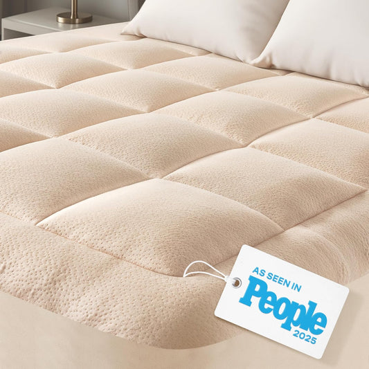 Skiennix Ultra Soft Queen Size Mattress Topper - Bamboo Viscose Pillow Top for Full Body Support | Naturally Cooling, Beige