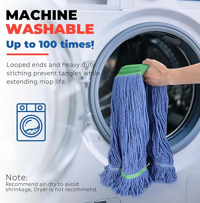 Onesimus 24 oz Heavy Duty Mop Head Replacement, 5 Inch Headband for Quick Change Handle, Blue Loop-End Cotton Blend String Wet Dry Floor Mop Refill Commercial Cleaning Supplies, 6 Pack Large