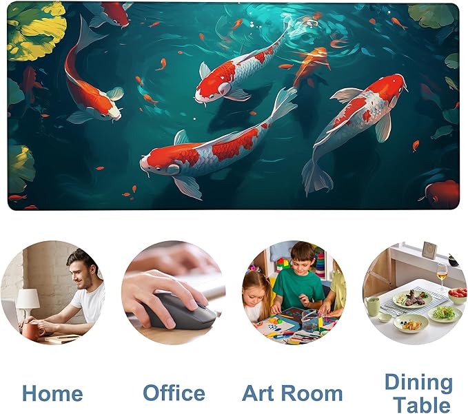NITAHHHY Large Mouse Pad Koi Fish Gaming Desk Pad Computer Keyboard Non-Slip Waterproof Mouse Mat with Rubber Base and Stitched Edges Entertainment Office Writing Desk Mat 35.4 x 15.7 Inches