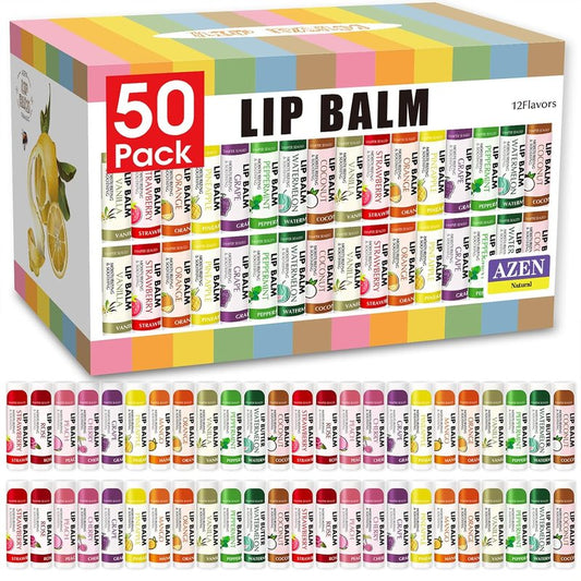 Moisturizing Lip Balm Bulk - 50 Pack for Dry Cracked Lips | 12 Flavors, Perfect for Gifts