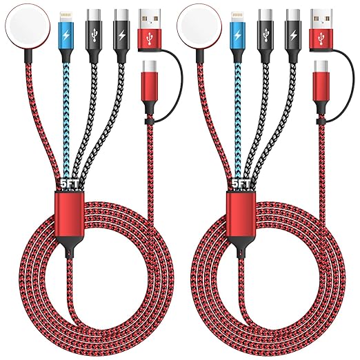 Travel Essentials Dual Type-C Port 4 in 2 Multi Charging Cable for iWatch Charger/iPhone 17/IP, Cruise Vacation Camping Essentials 2026 for iWatch 11-2/Ultra,iPhone 17-8, GalaxyS26-S21,Car -2Pack,5FT