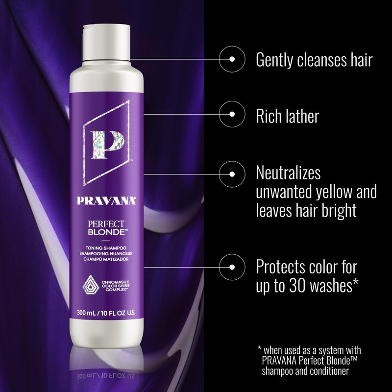 Pravana The Perfect Blonde Purple Toning Shampoo | Neutralizes Brassy, Yellow Tones | For Color-Treated Hair | Chromasilk Enhances Shine & Protection | Vegan, Paraben & Sulfate Free | 33 Fl Oz