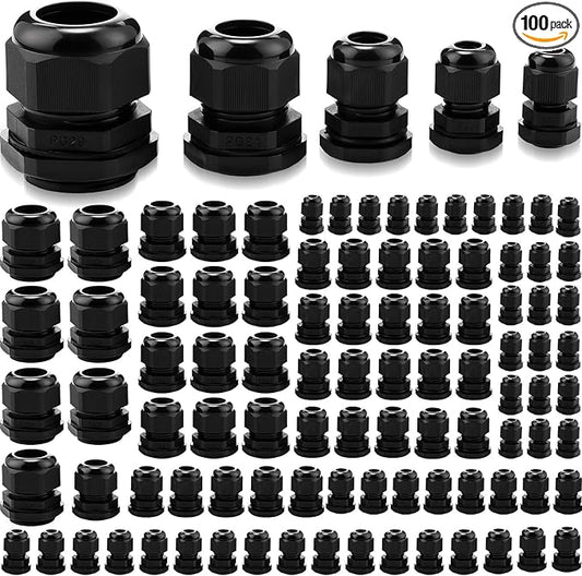 Duraaamo 100pcs Nylon Cable Gland Kit 3-25 mm Cable Gland Connectors NPT Waterproof Strain Relief Cord Connector Black Plastic Cord Grip Weatherproof Cable Pass Through PG7 PG9 PG13.5 PG21 PG29